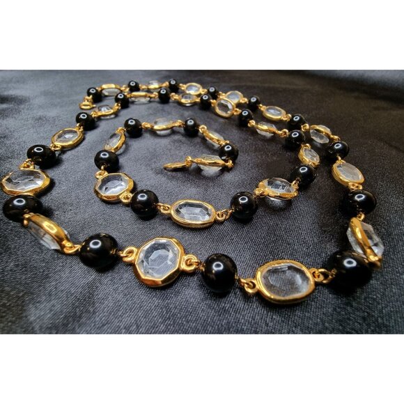 Vintage Trifari Gold-Tone Necklace With Black Beads & Clear Crystal Accents